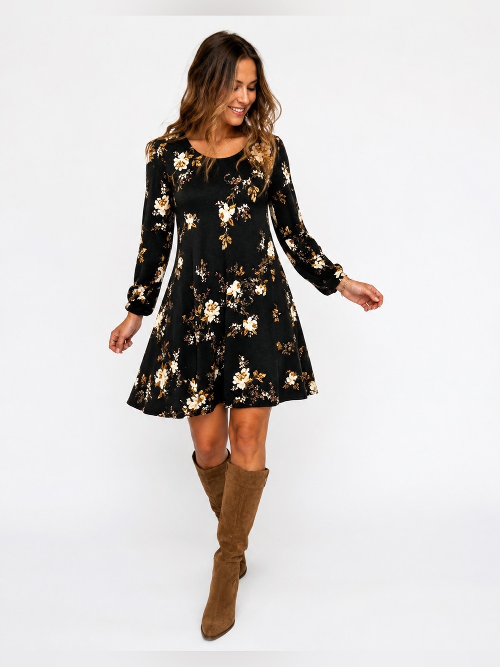 Love Fire Womens 3/4 Sleeve Shift Dress in Black/Cream Floral Sz M